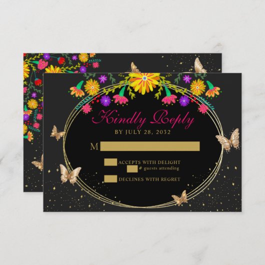 メキシコのフローラ金ゴールドティアラバタフライキンセアニラ 出欠カード (正面/裏面)