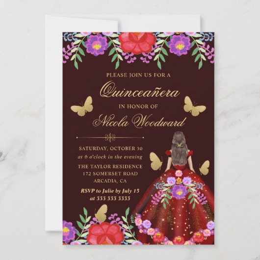 メキシコのブルネット女性フローラドレスキンセアニラ 招待状 (正面)