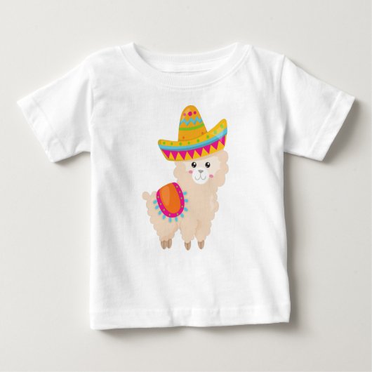 メキシコのラマ，かわいいラマ，かわいいアルパカ，ソンブレロ ベビーTシャツ (正面)