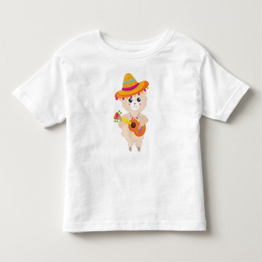 メキシコのラマ、かわいいラマ、ソンブレロ、ギター トドラーTシャツ (正面)