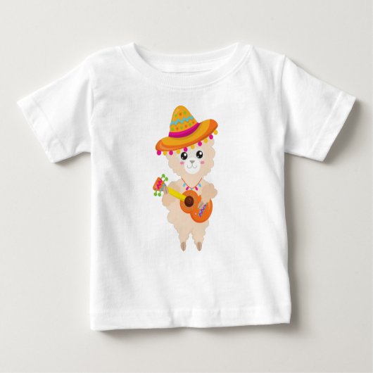 メキシコのラマ、かわいいラマ、ソンブレロ、ギター ベビーTシャツ (正面)
