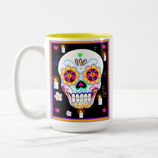 メキシコの休日の日死んだ砂糖スカル ツートーンマグカップ (左)