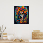 メキシコの伝統カラフル：砂糖スカルメイクアップ ポスター (キッチン)