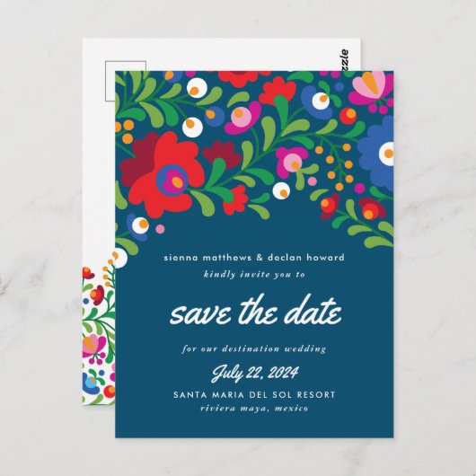 メキシコの刺繍ブルー日付はがきを保存 ポストカード (正面/裏面)