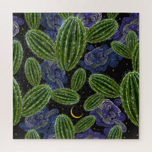 メキシコの刺繍：サボテンの夜シームレス。 ジグソーパズル