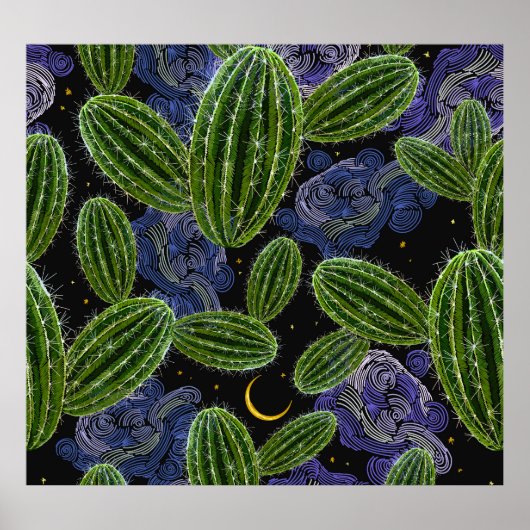 メキシコの刺繍:サボテンの夜シームレス。 ポスター (正面)