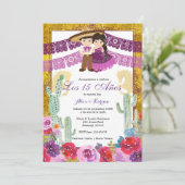 メキシコの双子の誕生日パープルサボテンの花 招待状 (スタンド正面)