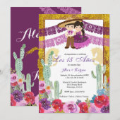 メキシコの双子の誕生日パープルサボテンの花 招待状 (正面/裏面)