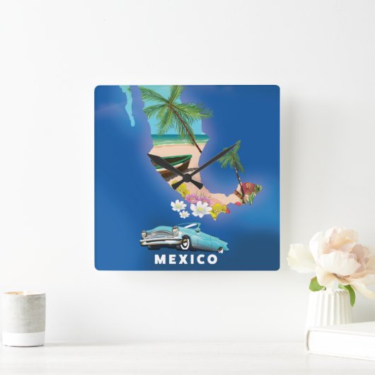 メキシコの地図イラストレーション旅行ポスター。 スクエア壁時計 (ホーム)