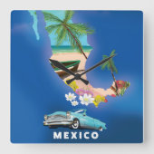メキシコの地図イラストレーション旅行ポスター。 スクエア壁時計 (正面)