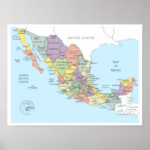 メキシコの地域の詳細地図 ポスター