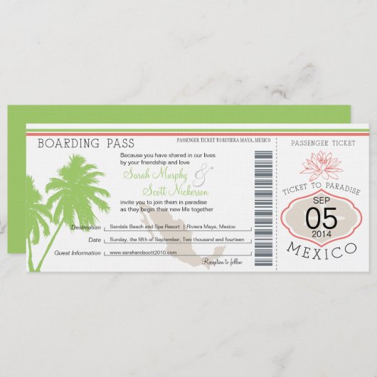 メキシコの搭乗券の行先の結婚式 招待状 (正面/裏面)