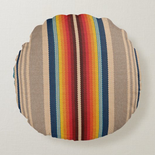 メキシコの敷物：シメカラフルインストライプシームレス。 ラウンドクッション (正面)