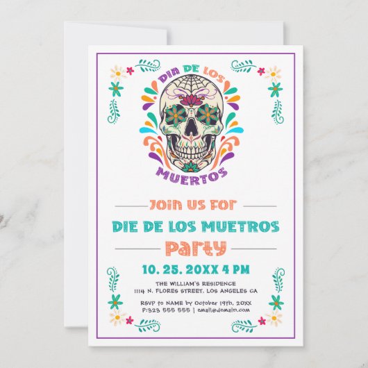 メキシコの死のヴィーベの日、Dia De Los Muertos 招待状 (正面)