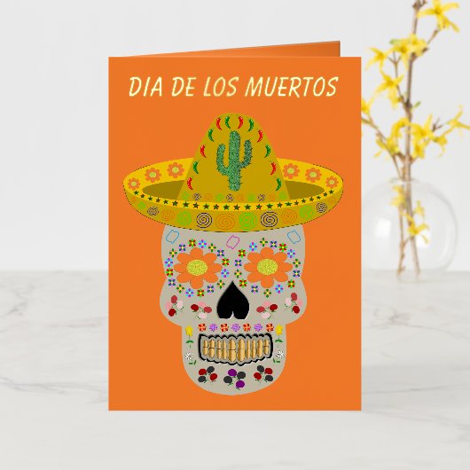 メキシコの死んだスカルカスタム 箔グリーティングカード (黄色い花)