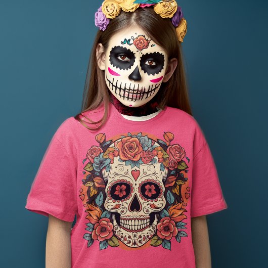メキシコの死んだフローラ砂糖スカルの日 Tシャツ