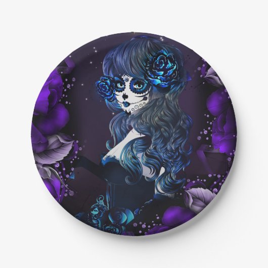 メキシコの死んだ砂糖の日スカル紫パーティー ペーパープレート (正面)