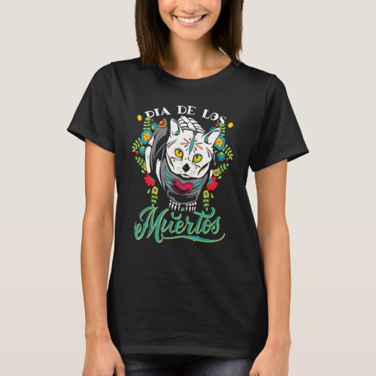 メキシコの死者の日と猫 Tシャツ (正面)