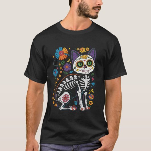 メキシコの死者の日の猫ドクロTシャツ Tシャツ (正面)
