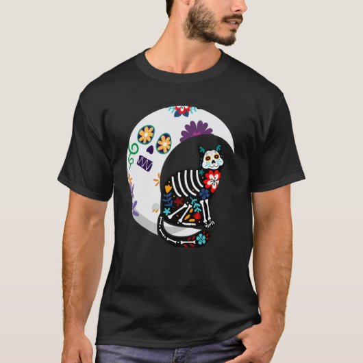 メキシコの死者の日またはシュガースカルキャット Tシャツ (正面)