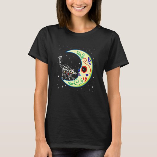 メキシコの死者の日　シュガースカル　月　猫　子猫 Tシャツ (正面)
