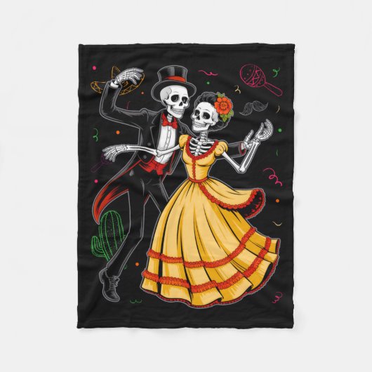 メキシコの死者の日 ダンシングスケルトン フリースブランケット (正面)
