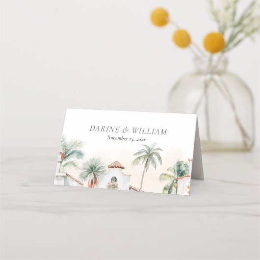 メキシコの水彩サボテンのヤシ結婚の木 プレイスカード (裏面)