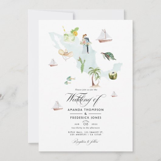 メキシコの水彩地図デスティネーションウェディングフォト 招待状 (正面)