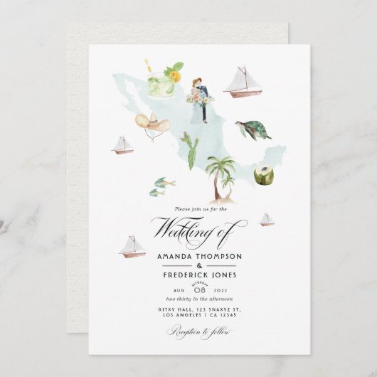 メキシコの水彩地図デスティネーションウェディングフォト 招待状 (正面/裏面)