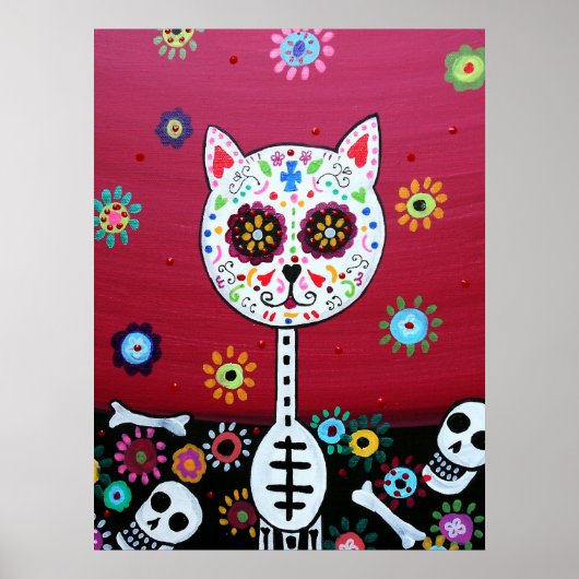 メキシコの猫DIA DE LOS 絵画 MUERTOS ポスター (正面)