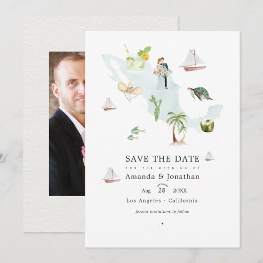 メキシコの目的地ウェディング写真 水彩画マップ セーブザデート (正面/裏面)