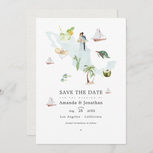 メキシコの目的地ウェディング 水彩画マップ セーブザデート (正面/裏面)