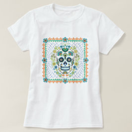 メキシコの砂糖スカルとアクア花 Tシャツ