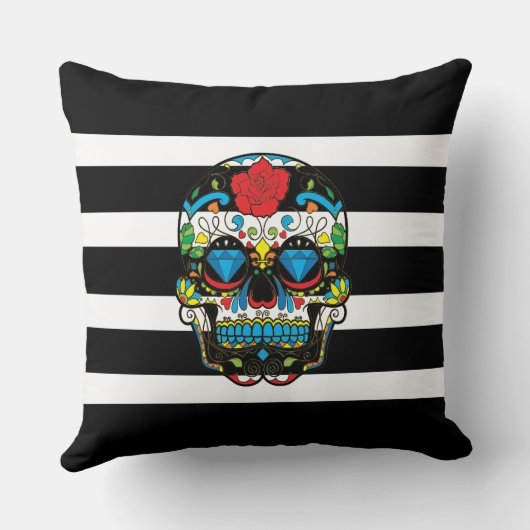 メキシコの砂糖スカルとブラックストライプフリースブラン クッション (裏面)