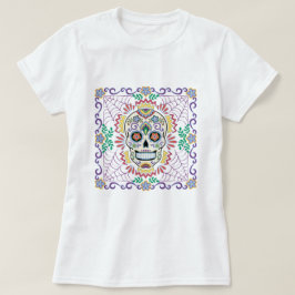 メキシコの砂糖スカルと青い花 Tシャツ