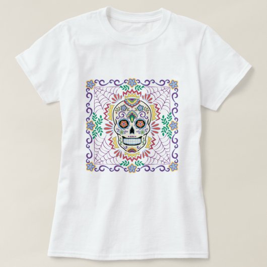 メキシコの砂糖スカルと青い花 Tシャツ (デザイン正面)
