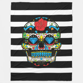 メキシコの砂糖スカルと黒ストライプ フリースブランケット