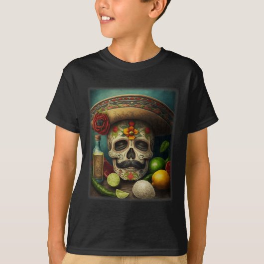 メキシコの砂糖スカルテキラソンブレロシンコデマヨ Tシャツ (正面)