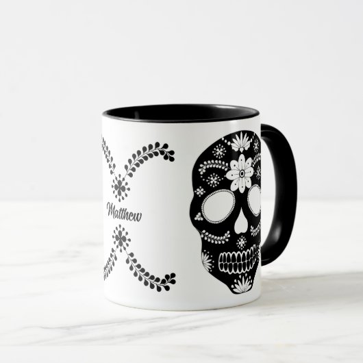 メキシコの砂糖スカル黒白とマグの名前 マグカップ (正面右)