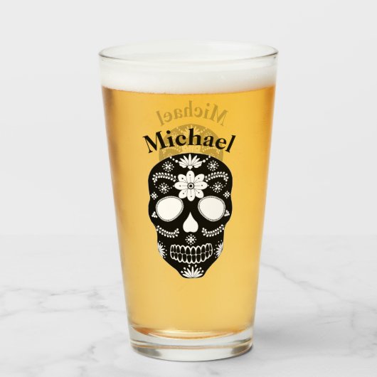 メキシコの砂糖スカル黒白と名前 タンブラーグラス (ドリンク正面)