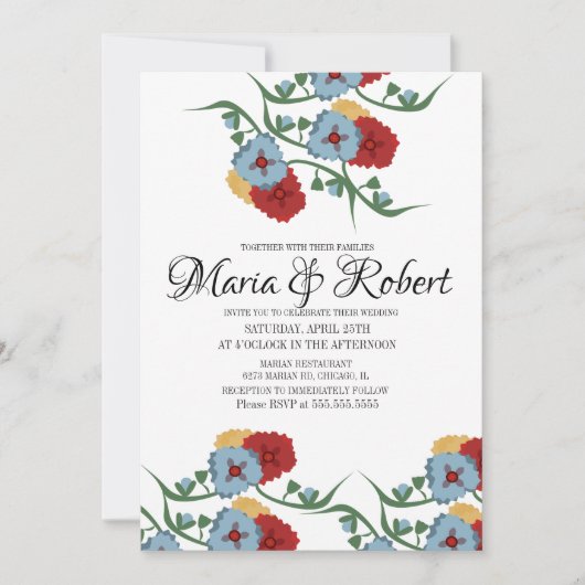 メキシコの結婚式テーマグリーン+ツインツボクサギ草花 招待状 (正面)