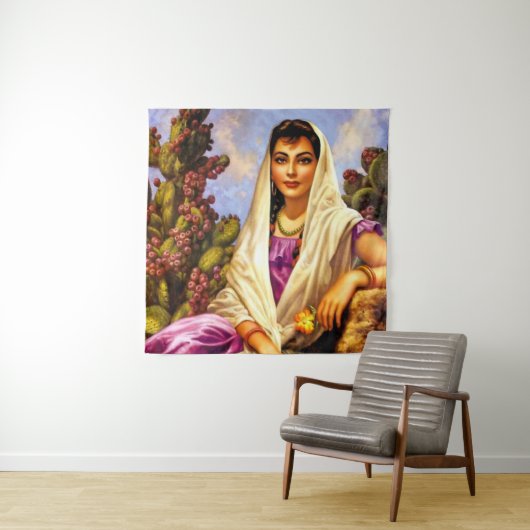 メキシコの美しいカレンダークリームショール付き女の子 タペストリー (インサイチュ)