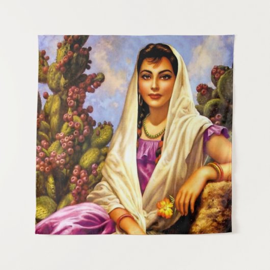 メキシコの美しいカレンダークリームショール付き女の子 タペストリー (正面)