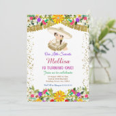 メキシコの花と金ゴールドグリッター誕生日 招待状 (スタンド正面)
