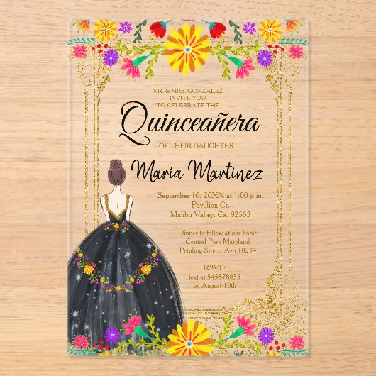 メキシコの花と金ゴールドブラックQuinceaenera アクリル招待状 (正面)