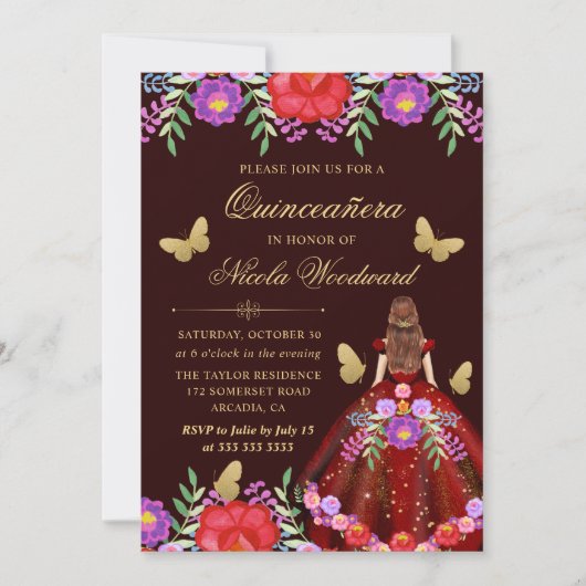メキシコの花柄のドレスを着た赤毛の女性のキンチアニエラ 招待状 (正面)