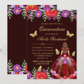 メキシコの花柄のドレスを着た赤毛の女性のキンチアニエラ 招待状 (正面/裏面)