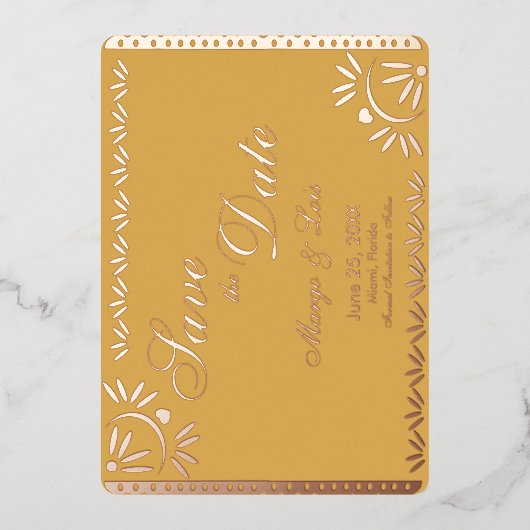 メキシコの花模様プレス日付の保存 箔招待状 (正面)