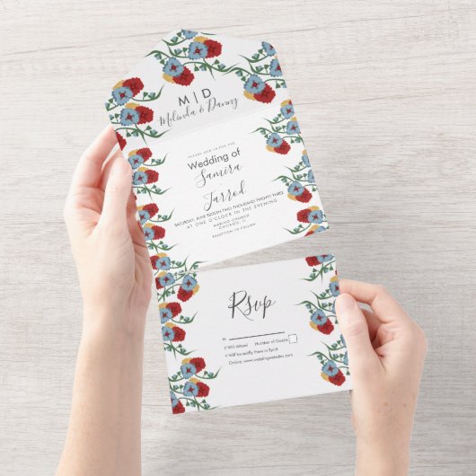 メキシコの花模様、レッドブルーの植物結婚学会  オールインワン招待状 (貼ってはがせる)