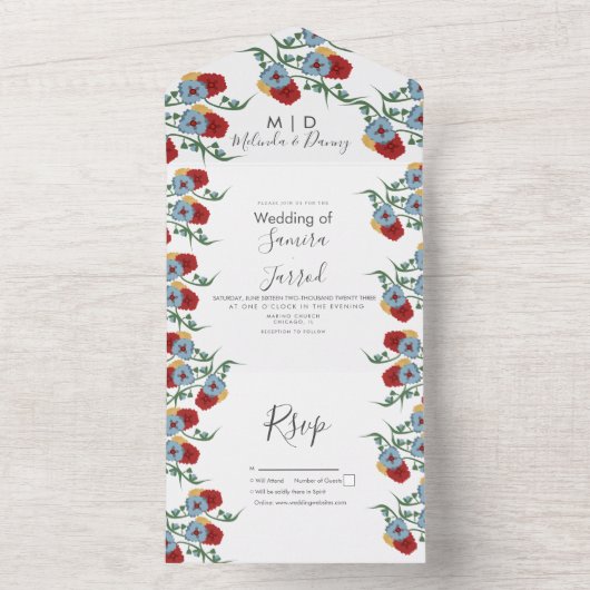 メキシコの花模様、レッドブルーの植物結婚学会  オールインワン招待状 (内側)